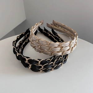 Elegant woven chain headband with satin ribbon in black and champagne gold colors