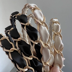 Chic gold chain and silk fabric entwined headbands in black and beige colors