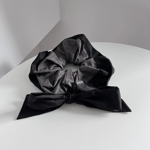 Elegant striped bow hair scrunchie in black and grey fabric for women's hair accessories