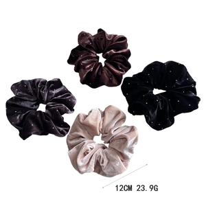 Set of 4 velvet hair scrunchies with rhinestones in black, coffee, purple, and pink