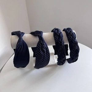 French Retro Navy Blue Polka Dot Fabric Headband For Women Braided Knotted Wide Hairband Hair Accessories
