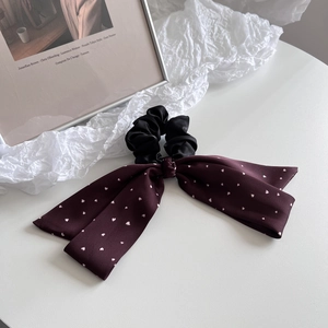 Elegant wine red heart pattern bow hair scrunchie with chic matte silk texture detail