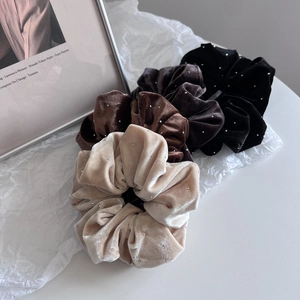 Set of 4 velvet hair scrunchies with rhinestones in beige, coffee, and black tones