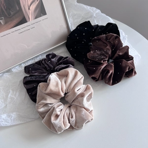 Elegant set of four velvet scrunchies with sparkling rhinestones in neutral tones