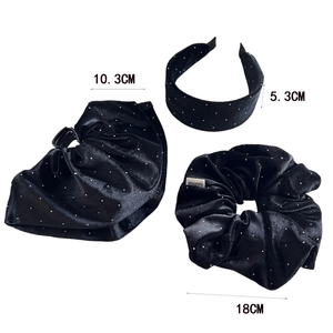 Elegant 3-piece black velvet hair accessory set with sparkling crystals for women