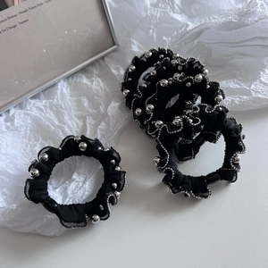 Classic black scrunchies with silver beads and ruffled edges set for women ponytail