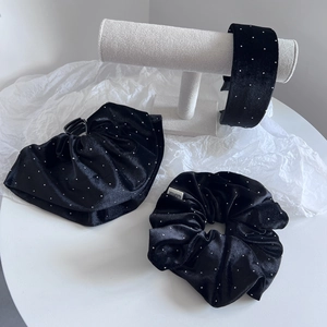 Elegant black velvet hair accessory set with sparkling rhinestones including headband and scrunchie