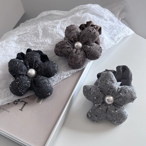 Tweed Flower Hair Tie With Faux Artificial Pearl Elegant Korean Style Satin Scrunchie Elastic Hair Rope For Women Girls Hair Accessories