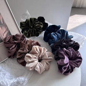 Nine-color velvet scrunchies set featuring elegant glossy textures for women's hairstyles