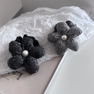 Elegant tweed flower hair scrunchies with pearl center in black and grey colors
