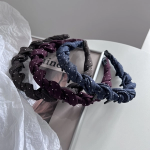 Braided polka dot headbands with inner teeth comb in brown, burgundy, and grey blue colors