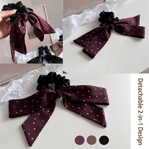 Elegant Heart Print Bowknot Fabric Scrunchie Large Hair Tie For Women Girls Ponytail Holder Sweet Hair Accessory