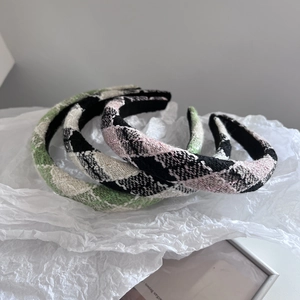 Three-piece set of elegant tweed plaid headbands in green, black and pink checkered patterns