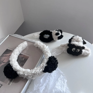 Cute panda plush hair accessory set with headband, scrunchie, and claw clip in black and white