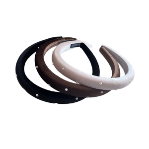 Three-piece velvet headbands with faux pearls in black, mocha, and beige colors