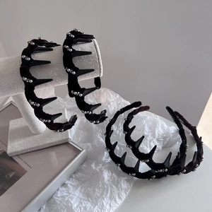 Gothic punk black velvet headband with silver pearls and spikes for high skull top look