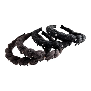 Three-piece luxury knit headbands with pearl accents in black, brown, and dark grey