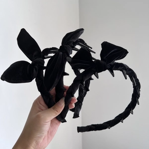 Vintage Nylon Velvet Bow Headband With Non-Slip Teeth High Top Hair Hoop Elegant Fashion Hair Accessories For Women Black