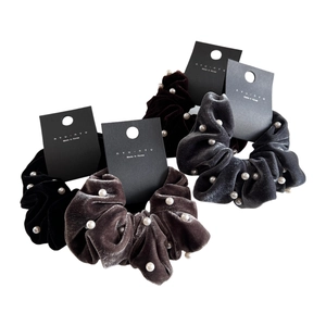 Velvet hair scrunchies set with pearls in black, grey, coffee, and brown tones