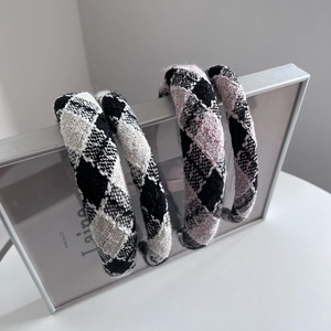 Vintage Tweed Grid Padded Headband Retro Elegant Woven Hair Band High Top Sponge Hair Hoop For Women Daily Hair Accessories
