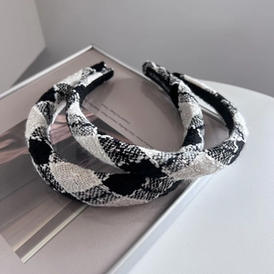 Set of two black and white plaid tweed headbands with elegant golden thread weave