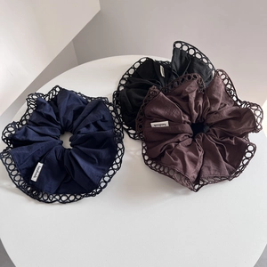 French lace trim oversized hair scrunchie in navy black and brown handmade cotton fabric
