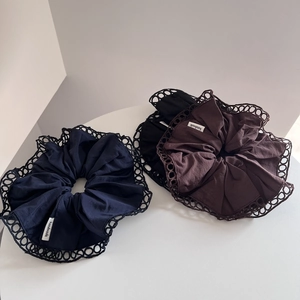 French retro oversized scrunchies with hollow lace trim in navy, brown, and black colors