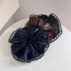 Three-piece set of French retro lace scrunchies in navy, brown and black colors