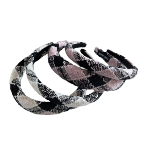 Classic checkered tweed headbands in black, white and pink with hand-made labels