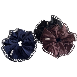 Vintage cotton hair scrunchies with lace trim in navy, coffee, and black tones