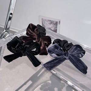 Three-piece velvet bow scrunchies set in black, dark coffee and grey-blue colors