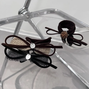 Korean Style Bowknot Hair Ties Velvet Knitted Scrunchies With Metal Tag Leopard Bead Elastic Hair Bands Women Accessories