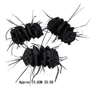 Elegant black satin banana hair clip with feather detail set of three 13.6cm long