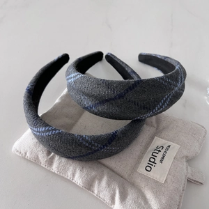 Grey Plaid Woolen Wide Headband For Women Padded Fashion Hairband British Style Vintage Commute Hair Accessories