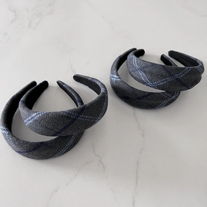 Padded grey plaid wool headband for women with stylish thick height-enhancing design