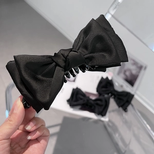 Clip a Banana con Grande Fiocco in Raso Stile Coreano Elegante Fermaglio per Capelli Nero Effetto Seta per Donna