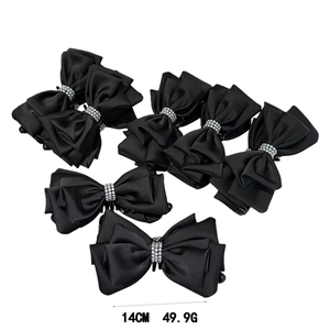 Elegant black satin bow banana hair clip with silver beaded center set of six pieces