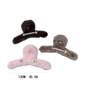 Grandes pinces à cheveux de 13cm en fausse fourrure de lapin avec perles, lot de 3