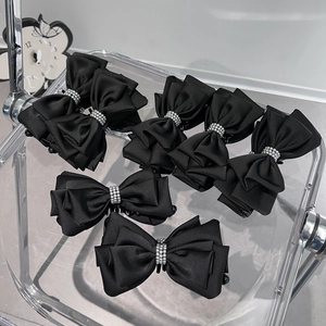 Hepburn Style Black Satin Bow Banana Clip For Women Elegant Large Vertical Hair Clip With Silver Beads Hair Accessory