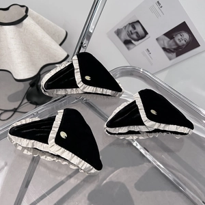 Three-piece set of velvet triangle hair claws with lace trim and gold emblem accents