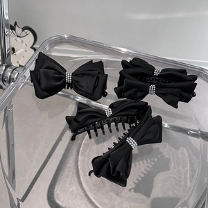 Three-piece set of black satin bow hair clips with silver beads and durable plastic claws