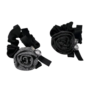 Elegant black rose fabric scrunchie with satin ribbon and sparkling decorative beads