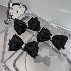 Elegant black satin bow banana clips with silver bead accents for Audrey style hair