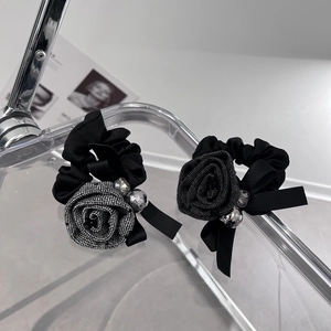 Vintage Fabric Rose Flower Hair Tie Elegant Bow Rhinestone Hair Scrunchie For Women Korean Style Hair Accessories