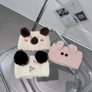 Plush bear and rabbit ear headbands for face washing in soft coral fleece fabric