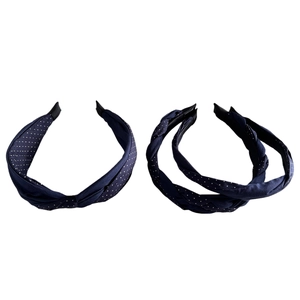 French retro navy blue polka dot braided headband set with twisted fabric design
