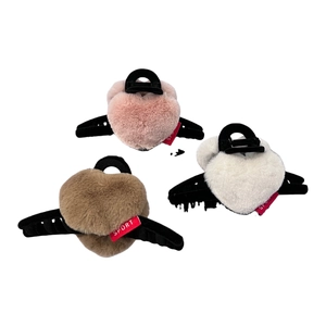 Lot de 3 pinces à cheveux en peluche en forme de cœur, rose, beige et marron