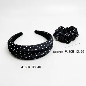 Vintage black hairband with white polka dots and matching scrunchie set for women