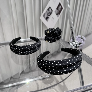 Retro Black White Square Polka Dot Wide Padded Headband And Scrunchie Set For Women High Top Sweet Fabric Hair Accessories
