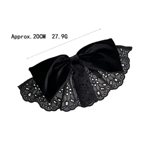 Elegante fermaglio per capelli in raso nero da 20cm con fiocco in pizzo per donne
